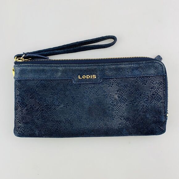 Lodis Clutch Wristlet Wallet Leather Double Zip Around Blue Floral Snakeskin - Picture 1 of 13